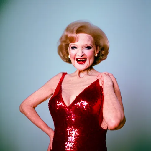 Prompt: film portrait photography of betty white as jessica rabbit, head and shoulders photography. red sequin dress. kodak ektar 4 0 0. canon f 1. 2. detailed, realistic