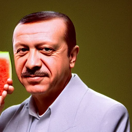 Image similar to recep tayyip erdogan smiling holding watermelon for a 1 9 9 0 s sitcom tv show, studio photograph, portrait c 1 2. 0