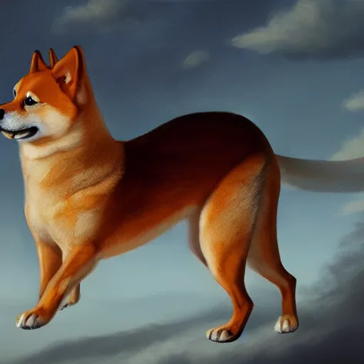 Image similar to an oil painting of a shiba inu with dragon wings, hd, artstation, 4 k wallpaper