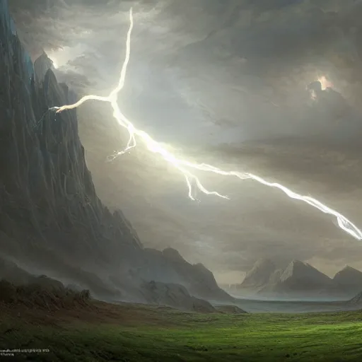 Image similar to a beautiful detailed realistic matte painting of a serene landscape with an eerie dark magic lightning portal to another dimension, by john howe and alexander skold and andreas rocha. vray, raytracing, detailed lighting, volumetric lighting, cinematic lighting, very wide shot, f 8