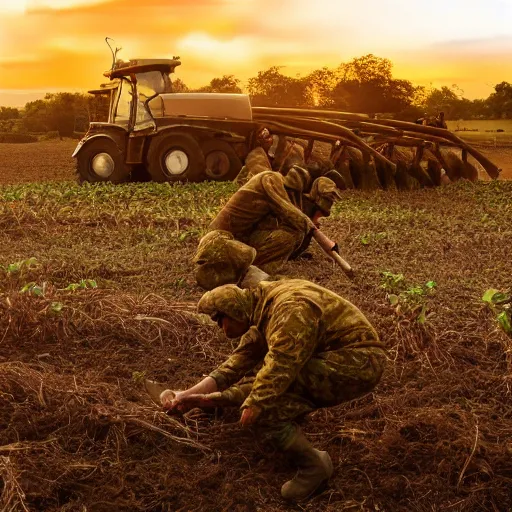 Prompt: photo of farmers fighting against military, award winning, golden hour