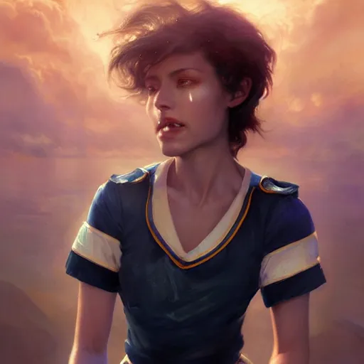 Image similar to epic portrait an beautiful woman wearing short sleeved sailor outfit, sweaty skin, hyperrealistic, expressive, emotional, moody, contre jour, octane render, cinematic, beautiful face and flawless skin, perfect hands, 5 fingers, by Edgar Maxence and Ross Tran and Michael Whelan, Legends of Runeterra