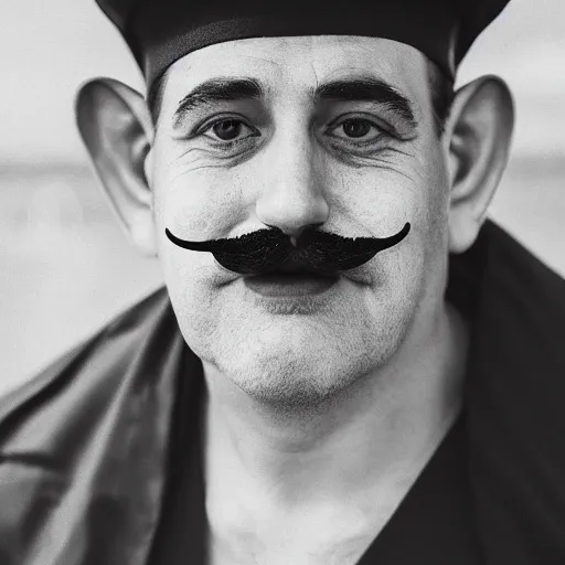 Prompt: man with large swirly black moustache, giant nose, sailors hat, portrait, real life photo