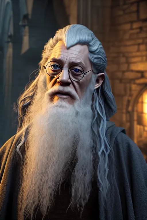 Prompt: harry potter is gandalf, concept art by senior character artist, cgsociety, photorealism, rendered in unreal engine, official art, cold hue's