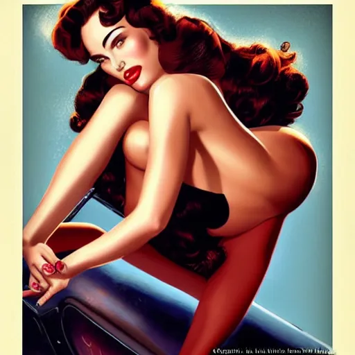 Image similar to a pinup illustration of megan fox in the style of gil elvgren and in the style of charlie bowater.