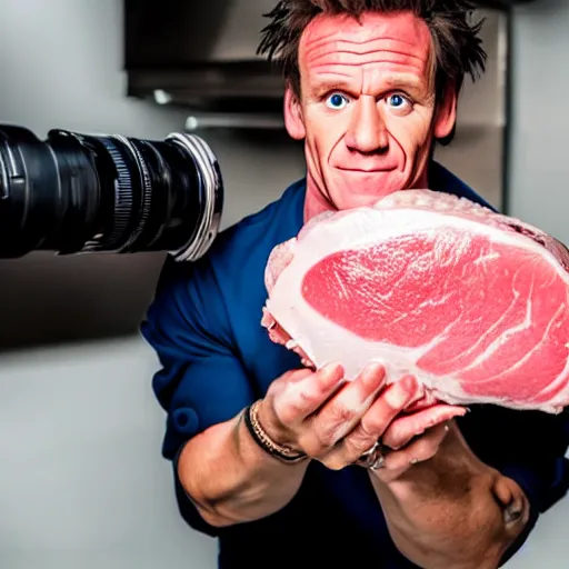 Prompt: photo of gordan ramsay holding a raw porkchop in his hand on set, highly detailed, extremely high quality, hd, 4 k, 8 k, professional photographer, 4 0 mp, lifelike, top - rated, award winning, cinematic, realistic, detailed lighting, detailed shadows, sharp, no blur, edited, corrected, trending