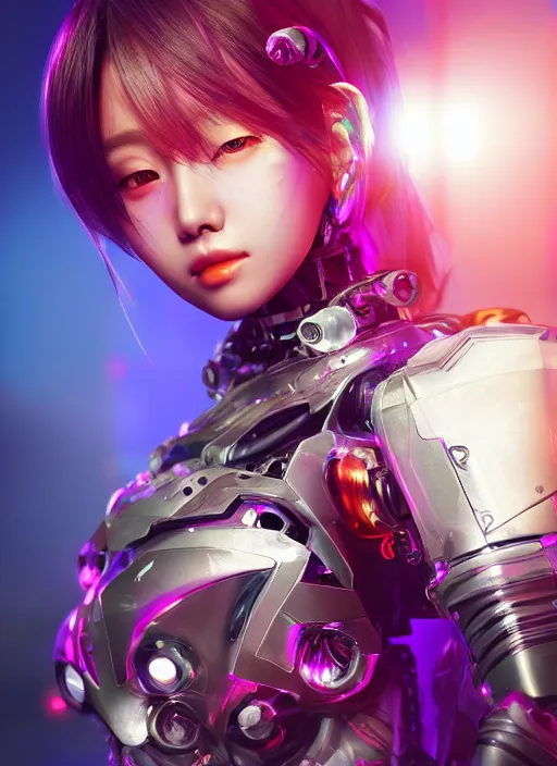 Image similar to a highly detailed portrait of a kpop idol female mecha in spiked cyberpunk bioarmor trending on artstation by yoshitake amano, holographic undertones, 3 d cg, octane rendered, futuristic, 2 k aesthetic, dramatic lighting, 4 k, highly saturated colors