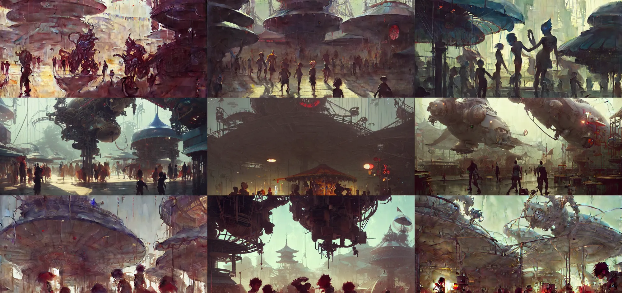 Prompt: close - up of young cyborgs exploring small town cyperpunk amusement, food stalls, big top circus tent, highly detailed, magical, japan, digital painting, concept art, matte, art by ruan jia and wlop and greg rutkowski and makoto shinkai, masterpiece
