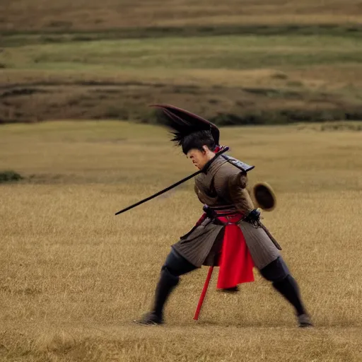 Image similar to HD photo of a samurai sprinting across a field. dynamic pose