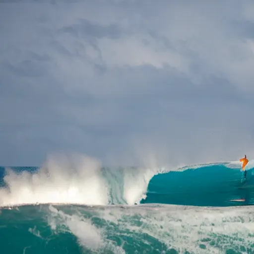 Prompt: grandma surfing a wave at teahupo'o