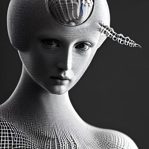 Image similar to closeup portrait of an absurdly beautiful, graceful, sophisticated, fashionable cyberpunk mechanoid gravure idol, an ultrafine hyperdetailed illustration by irakli nadar, matt wisniewski style, fashion photography, intricate linework, porcelain skin, jellyfish headdress, unreal engine 5 highly rendered, global illumination, radiant light, detailed and intricate environment