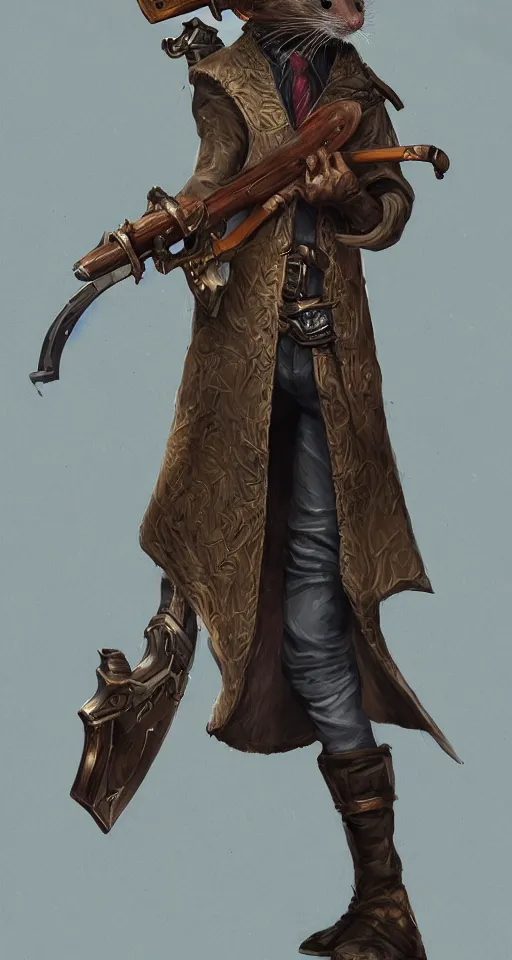 Image similar to a highly detailed illustration of a rat wearing a long coat holding a wooden shotgun, dramatic standing, intricate, elegant, highly detailed, centered, digital painting, artstation, concept art, smooth, sharp focus, league of legends concept art, wlop