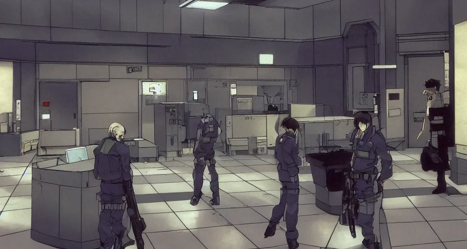 Image similar to Scene within the location called 'Public security section 9'. Police station interior. Screenshot from an episode of the anime 'Ghost in the shell: Stand Alone Complex' (2003). Produced by 'Production I.G'. Original manga by Masamune Shirow. Art direction by Kazuki Higashiji and Yuusuke Takeda.