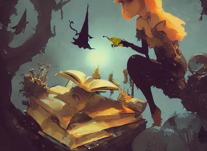 Image similar to a little witch opening a book of magic art by craig mullins, james gilleard, by joe fenton, by greg rutkowski, by greg tocchini, by kaethe butcher, 4 k resolution, gradient yellow, black, brown and cyan color scheme, grunge aesthetic!!!