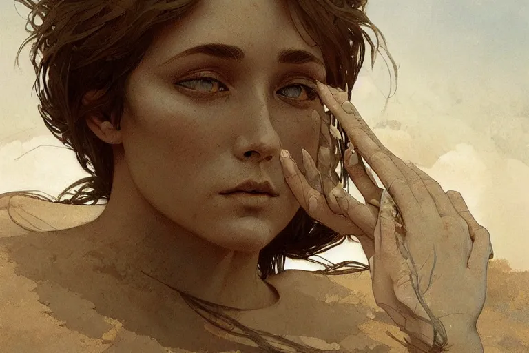 Prompt: a man made out of sand, the sand is blowing away in the wind, elegant, highly detailed, digital painting, artstation, concept art, smooth, sharp focus, illustration, art by Krenz Cushart and Artem Demura and alphonse mucha