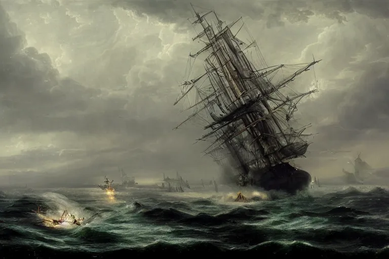 Image similar to Giant squid attempts to pull a ship into the ocean with it's tentacles . . painting by Louis Philippe Crepin. smoke and flashes . 8k octane beautifully detailed render, post-processing, extremely hyper-detailed, intricate, epic composition, highly detailed attributes, highly detailed atmosphere, cinematic lighting, masterpiece.