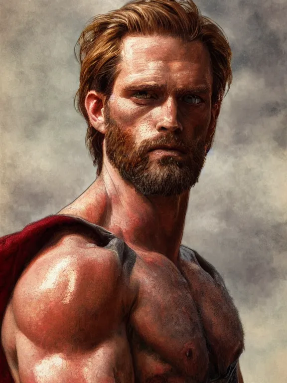 Image similar to painted portrait of rugged tobi maguire god of thunder, norse god, red hair, masculine, mature, handsome, upper body, red and gold, muscular, hairy torso, fantasy, intricate, muscular, elegant, highly detailed, digital painting, artstation, concept art, smooth, sharp focus, illustration, art by gaston bussiere and alphonse mucha