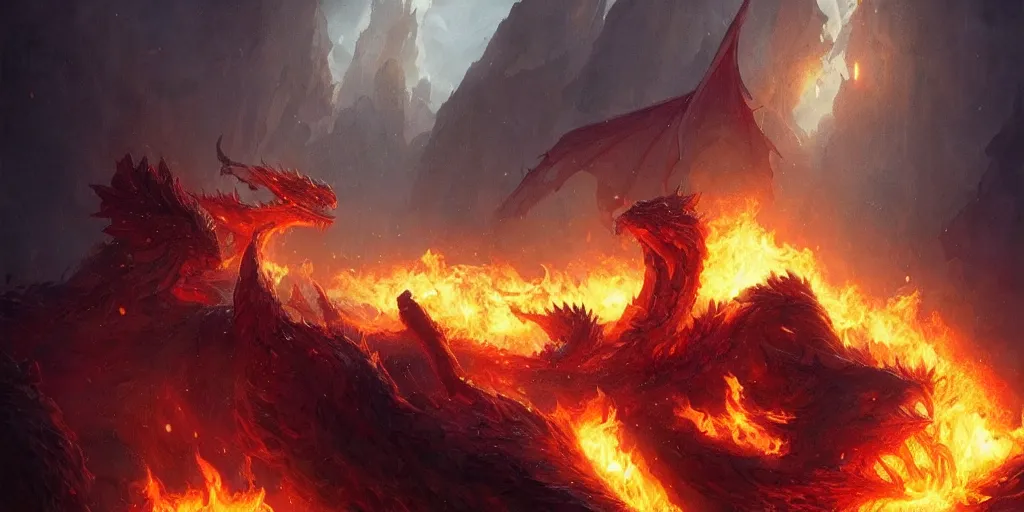 Prompt: dreams of a Christian met with fire and flames, plus some dragons, Greg Rutkowski, psychedelic trippy art