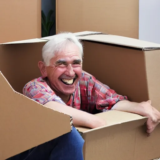 Prompt: an smiling old man peeking through a cardboard box