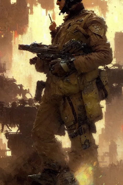 Prompt: futuristic soldier, holding a gun that is a subway sandwich, painting by gaston bussiere, craig mullins, greg rutkowski, yoji shinkawa