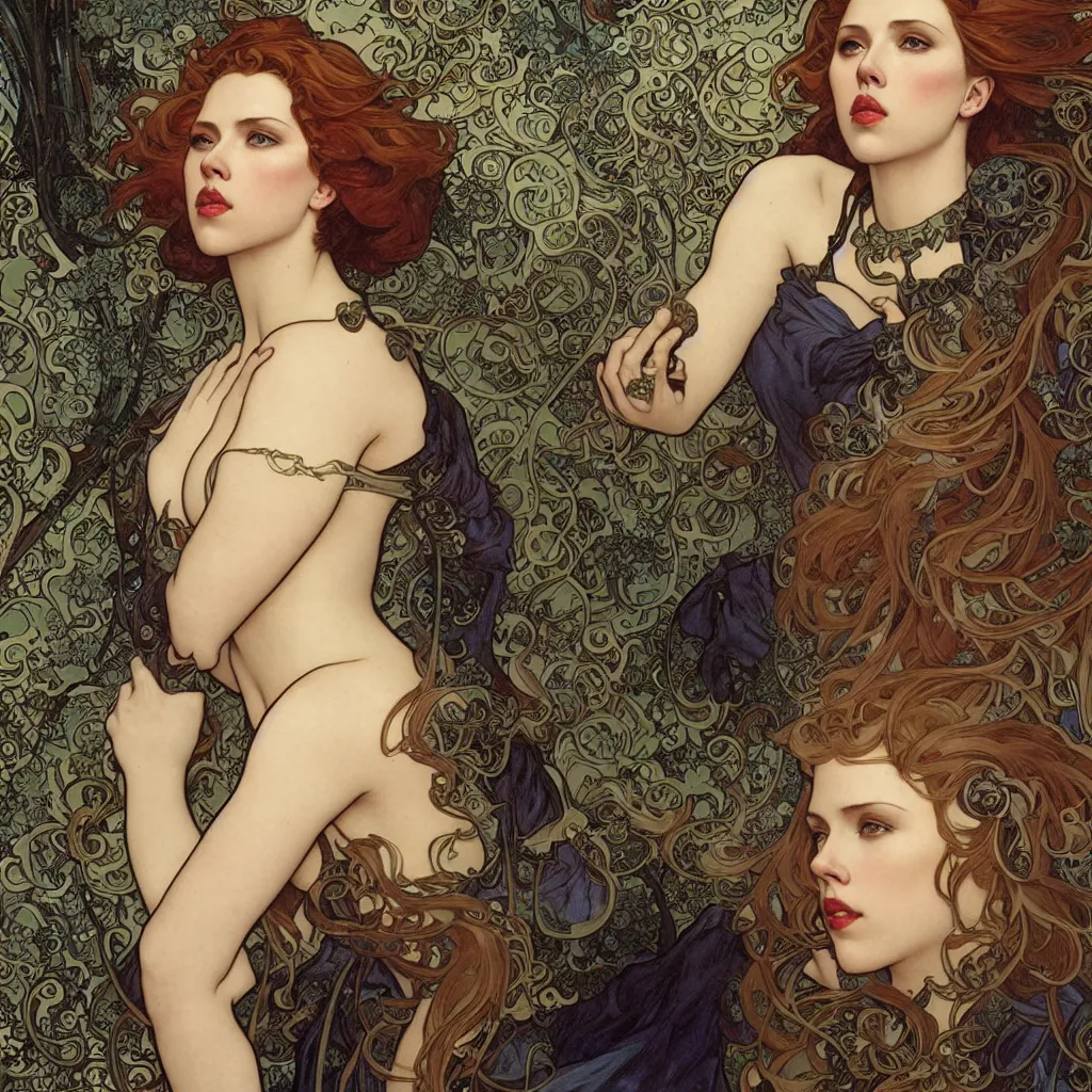 Prompt: scarlett johansson by Alphonse Mucha, Ayami Kojima, Amano, Charlie Bowater, Karol Bak, Greg Hildebrandt, Jean Delville, and Mark Brooks, Art Nouveau, Neo-Gothic