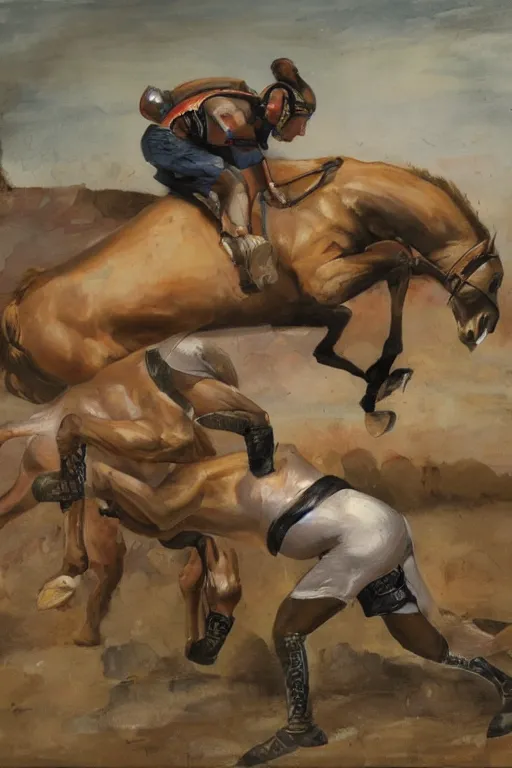 Image similar to a painting of horse wrestles or laying astronaut pilot spaceman on all fours on hands and knees in grappling in closed guard on mount position