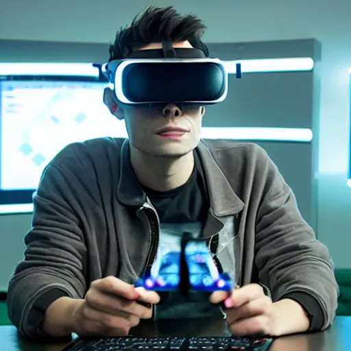 Image similar to a Portrait of a hacker wearing VR goggles, by Mr Robot, by Ready Player One, by Kung Fury, computer screens in the background, dark, dramatic, realistic studio lighting, realistic reflections, 4k, professional, canon