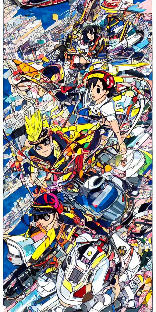 Image similar to a chariot in tokyo, drawn like the anime speed racer, full color
