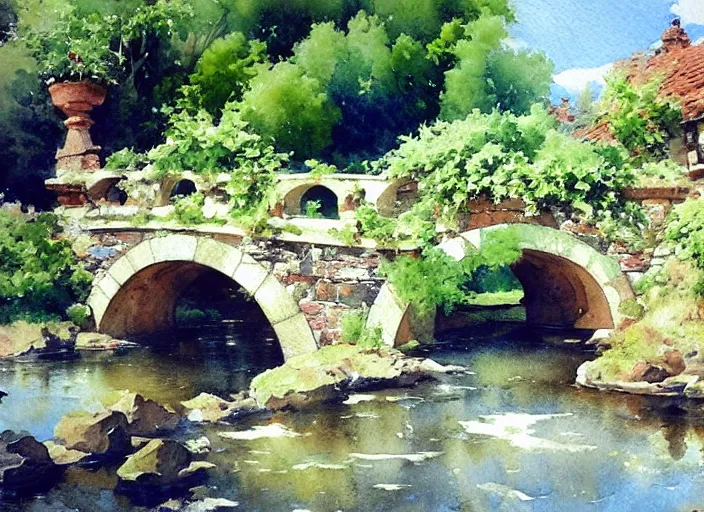 Image similar to watercolor of rustic stone bridge with mural, ivy, summer daylight, bright clear day, clouds, high detailed art by dennis miller bunker, work by anders zorn, wonderful masterpiece by greg rutkowski, beautiful cinematic light, american romanticism by greg manchess, creation by tyler edlin