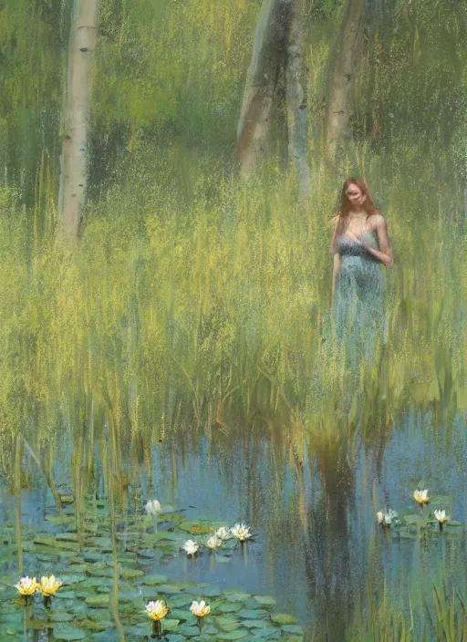 Image similar to full body portrait of a beautiful woman wading knee height in a shallow pond, obscured by water lilies, aspen grove in the background, by Jeremy Mann, stylized, detailed, loose brush strokes, pastel colors, green and yellow tones