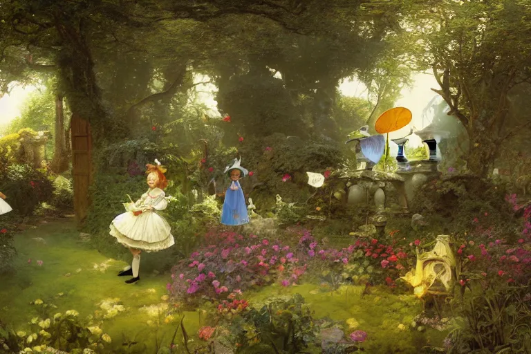 Image similar to alice in wonderland in the garden, john tenniel, normal rockwell, craig mullins, david curtis, carl spitzweg, morgan weistling, chris foss