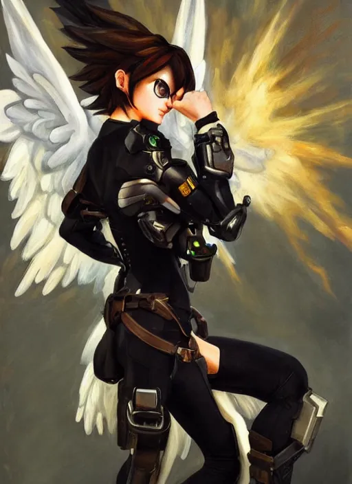 Image similar to oil painting of tracer overwatch in the style of sophie anderson, on knees, angel wings, black outfit, dramatic painting, wearing steel collar,