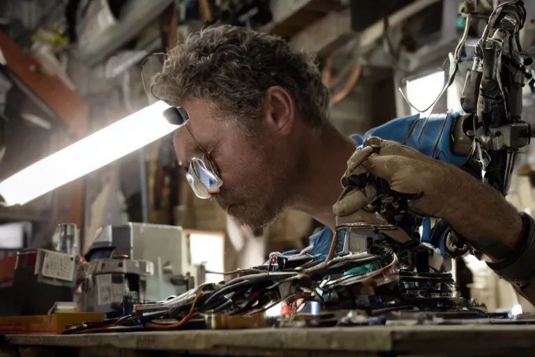 Image similar to cinematography closeup portrait of a Man soldering repairing robot parts in his garage by Neil blomkamp