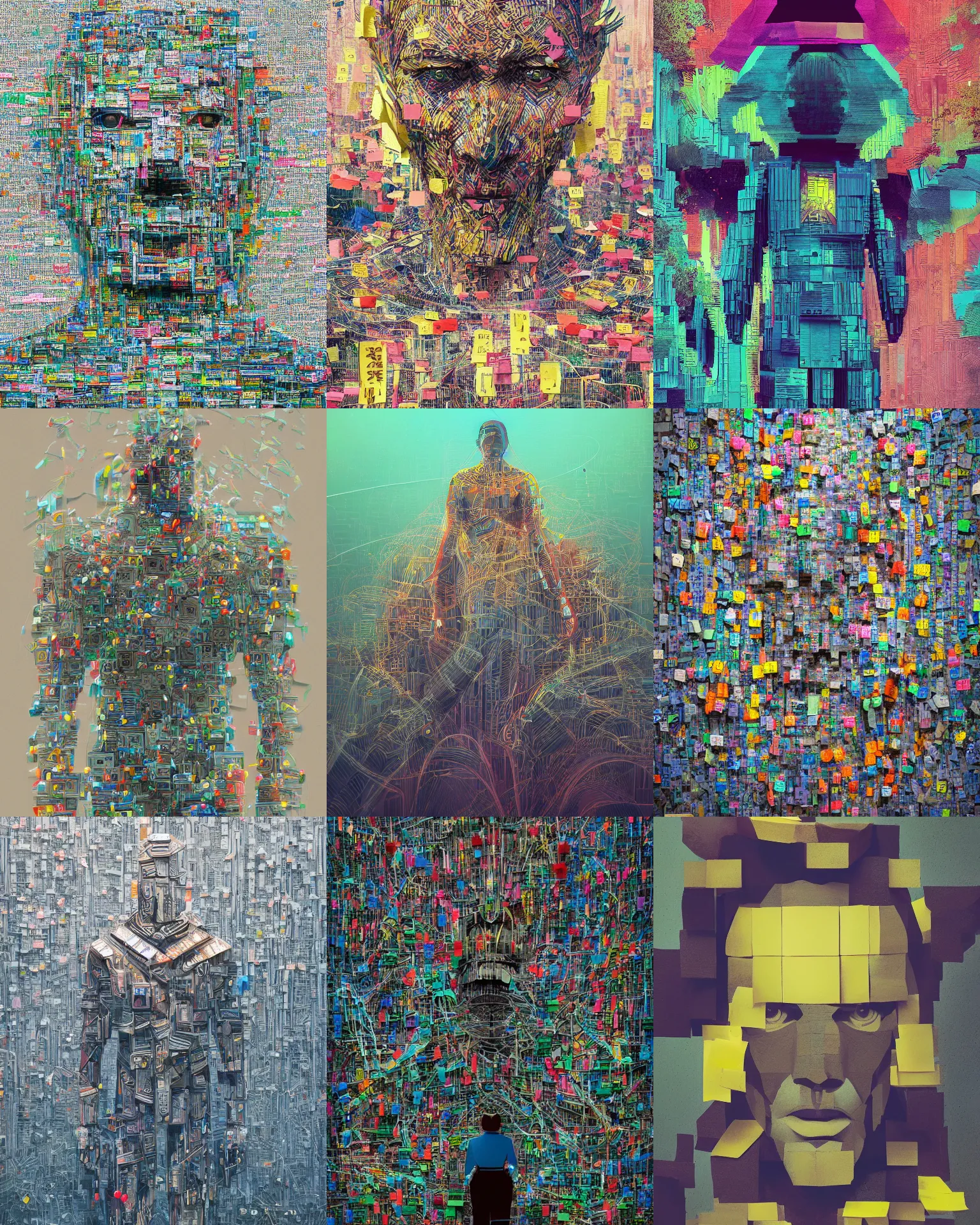 Prompt: man made of post - its. intricate abstract. intricate artwork. by tooth wu, wlop, beeple, dan mumford. trending on artstation, greg rutkowski very coherent symmetrical artwork. cinematic, hyper realism, high detail, octane render, 8 k, iridescent accents