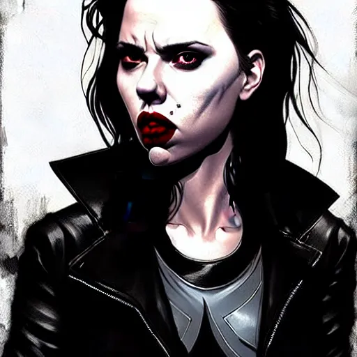 Image similar to rafael albuquerque comic art, peter mohrbacher, steve niles, artgerm, pretty scarlett johansson vampire sharp vampire teeth open mouth, symmetrical eyes, black leather jacket, jeans, long blonde hair, full body