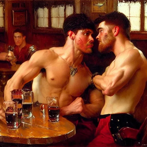 Image similar to attractive muscular male with red hair and muscular attractive male with black hair, drinking their hearts out, in a pub. very defined and highly detailed painting by gaston bussiere, j. c. leyendecker, craig mullins 8 k