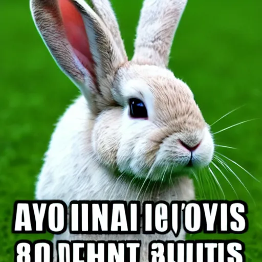 Prompt: a meme image of a rabbit with the text oh no i'm a rabbit