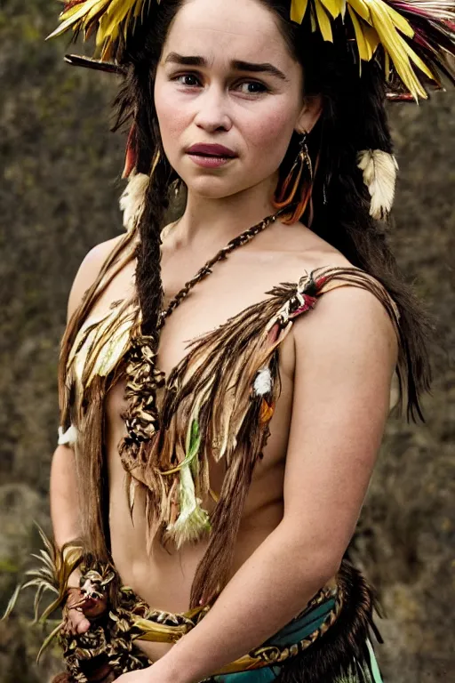 Prompt: Photo of Native Hawaii woman Emilia Clarke, portrait, skilled dancer in Hawaiian national costume, ancient, realistic, detailed, Emilia Clarke