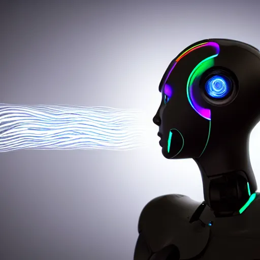 Prompt: sideview portrait of a robotic woman with wild, flowing audio cables for hair. visualized soundwaves pulsate in the background. 3 d illustration, lens flare, glows.