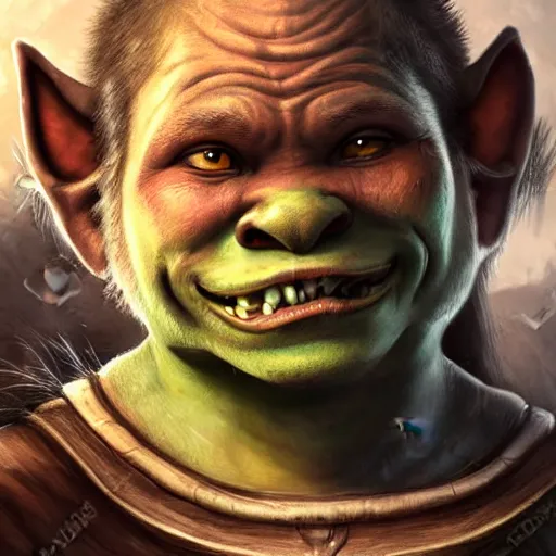 Image similar to a detailed portrait of a cute child orc boy smiling, fantasy art illustration, incredibly highly detailed and realistic, 8 k, sharp focus