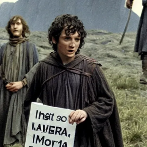 Image similar to Frodo protesting in front of Mordor