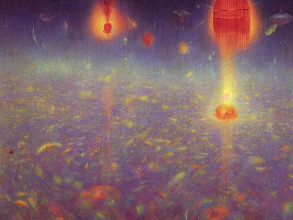 Image similar to study of the psychedelics dream mothership throwing a firefly net over the metropolis of slumber. painting by mikalojus konstantinas ciurlionis, bosch, wayne barlowe, agnes pelton, rene magritte