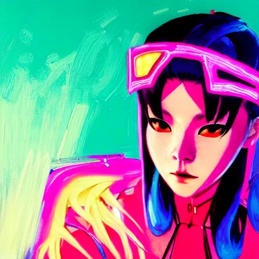 Prompt: stylized japanese girl : ninja - cyberpunk, wearing urban techwear, neon lights and armor, painted in acrylic, in the colors hot pink and cyan, beautiful realistic face, spotlight, by greg rutkowski, by jeremy mann, by francoise nielly, by van gogh, by ross tran, in focus