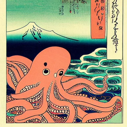 Image similar to octopus, mt fuji, cherry blossoms, big wave, ukiyo-e by Utagawa Kuniyoshi