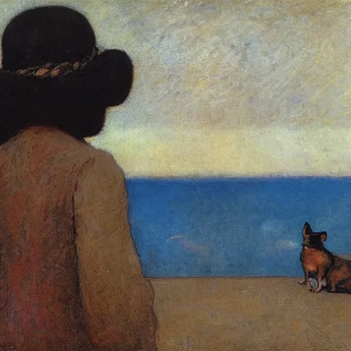 Image similar to a woman and her black and brown chihuahua looking out to sea by odilon redon