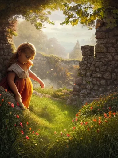 Image similar to children playing inside a meadow in the castle walls. intricate, elegant, highly detailed, digital painting, artstation, concept art, sharp focus, illustration, by justin gerard and artgerm, 8 k