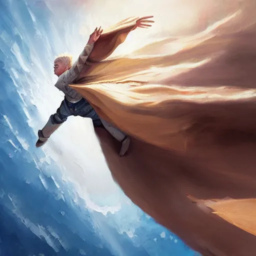 Image similar to blonde boy wearing a brown cape and flying in t pose, closeup, powerful, space background, oil painting, brush strokes, greg rutkowski