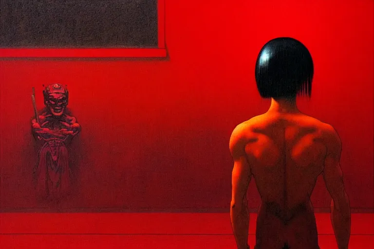 Image similar to only with red, a red samurai, tokio in background, some evil yokai, in the style of beksinski, parts by edward hopper, parts by rodcenko, parts by yue minjun, intricate and epic composition, red by caravaggio, insanely quality, highly detailed, masterpiece, red light, artstation, 4 k