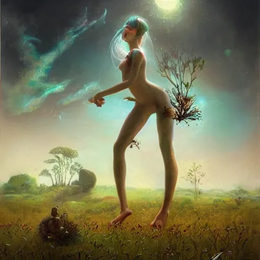 Image similar to a solarpunk very very very beautiful lush landscape of a beautiful nymph in a field are of broken stone words with cyborg workers picking up the broken stone and trying to put them back together, hyperrealistic, award - winning, masterpiece, in the style of tom bagshaw, cedric peyravernay, peter mohrbacher