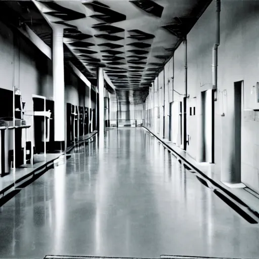 Prompt: noisy color photograph of a retrofuturist liminal space, laboratory, prison, clean, shiny floor, minimalist, beautiful shadows